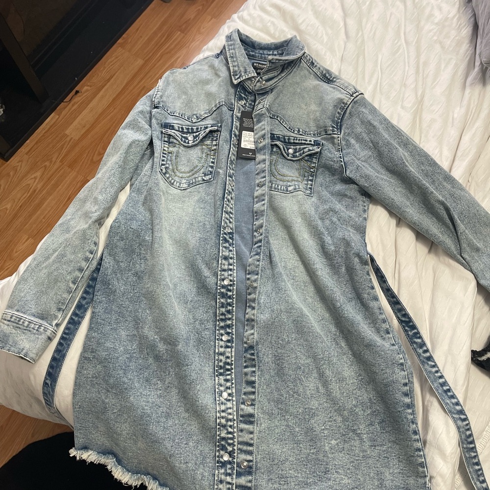 True Religion button-up denim dress or oversized-fit jacket with waist tie XL. - Picture 2 of 6